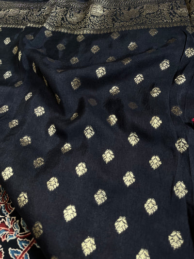 NIVEDITA: Handblock Ajrakh Dola Silk Saree with Meenakari Pallu