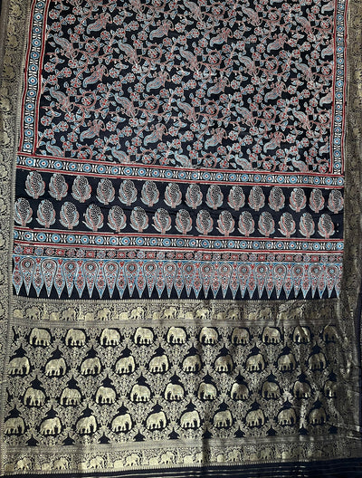 NIVEDITA: Handblock Ajrakh Dola Silk Saree with Meenakari Pallu