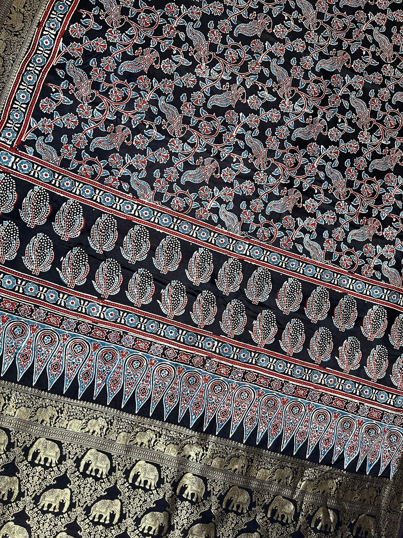 NIVEDITA: Handblock Ajrakh Dola Silk Saree with Meenakari Pallu