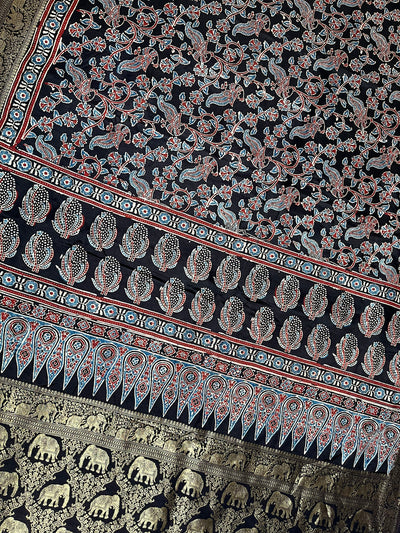 NIVEDITA: Handblock Ajrakh Dola Silk Saree with Meenakari Pallu