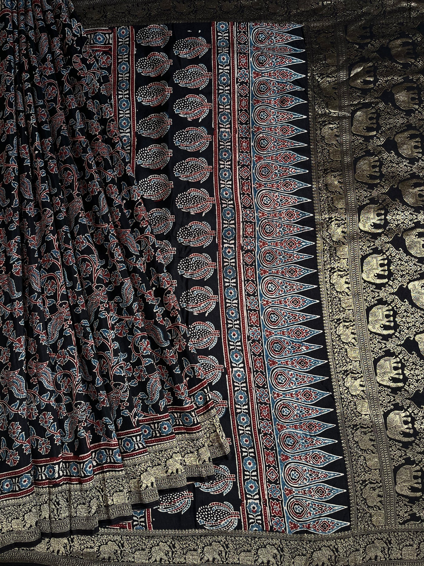 NIVEDITA: Handblock Ajrakh Dola Silk Saree with Meenakari Pallu