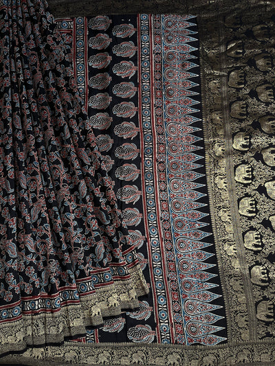 NIVEDITA: Handblock Ajrakh Dola Silk Saree with Meenakari Pallu