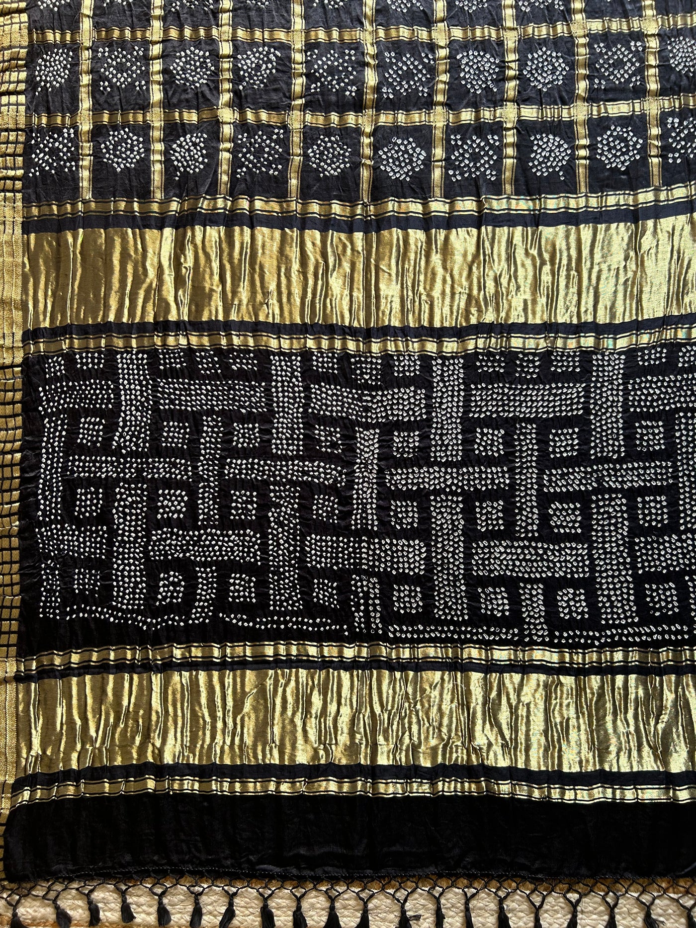 Siddhi:Black,Handmade Bandhani Pure Gajji Silk Gharchola Saree