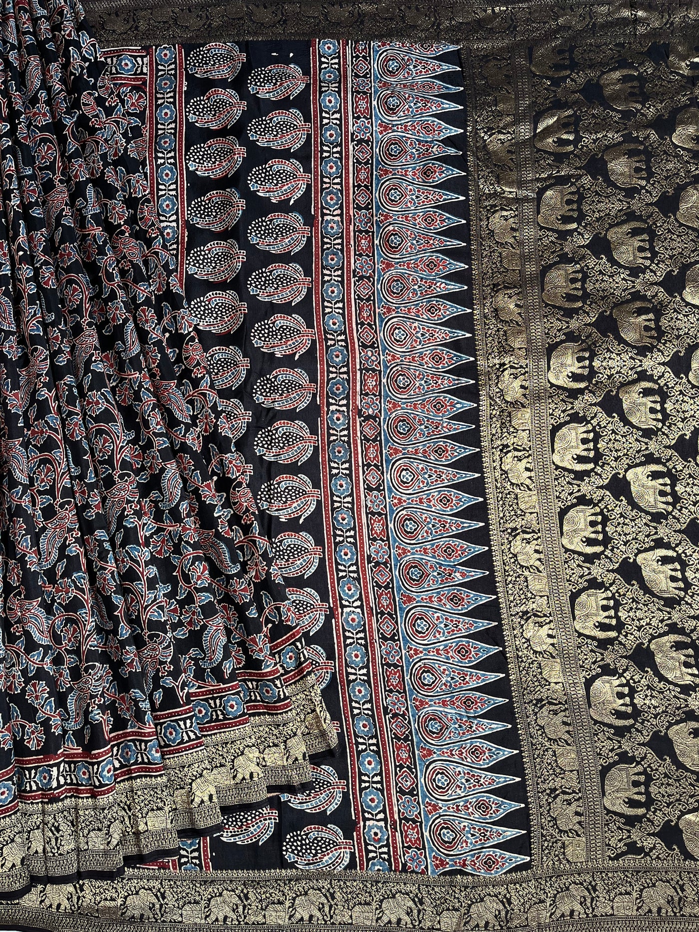 NIVEDITA: Handblock Ajrakh Dola Silk Saree with Meenakari Pallu