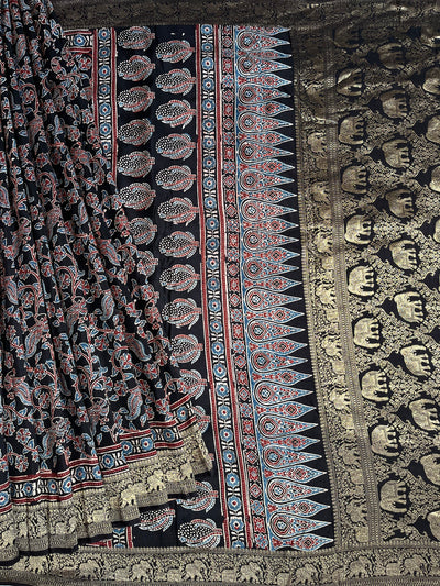NIVEDITA: Handblock Ajrakh Dola Silk Saree with Meenakari Pallu