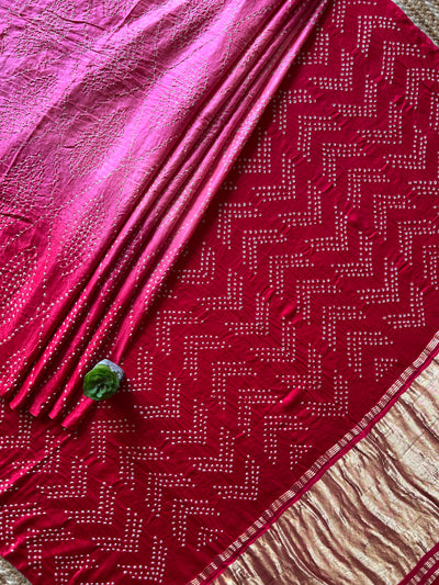 UPASANA: HANDMADE PURE GAJJI SILK RAI DANA BANDHNI SAREE WITH TISSUE PALLU