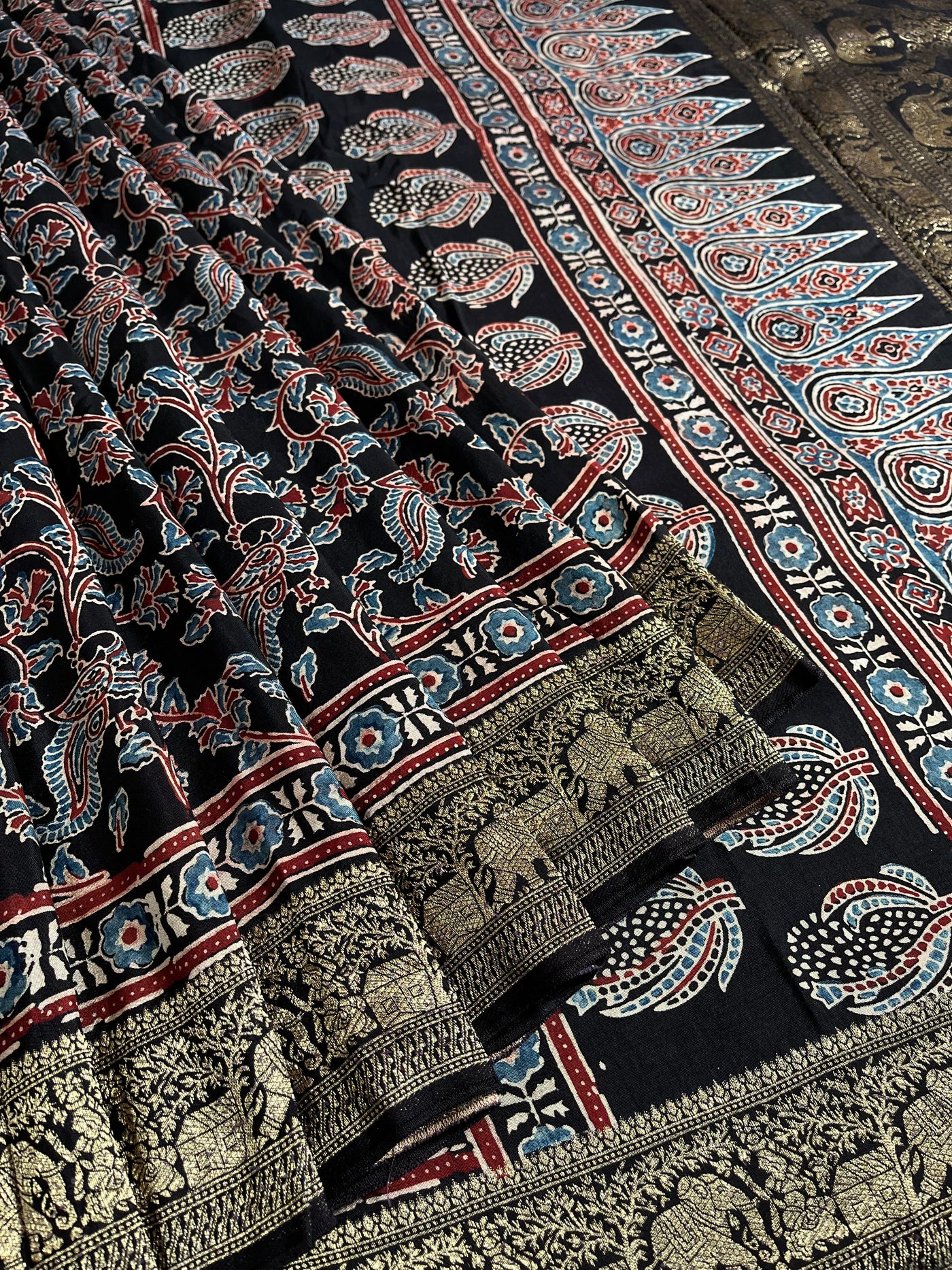 NIVEDITA: Handblock Ajrakh Dola Silk Saree with Meenakari Pallu