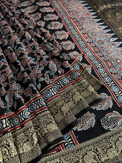 NIVEDITA: Handblock Ajrakh Dola Silk Saree with Meenakari Pallu