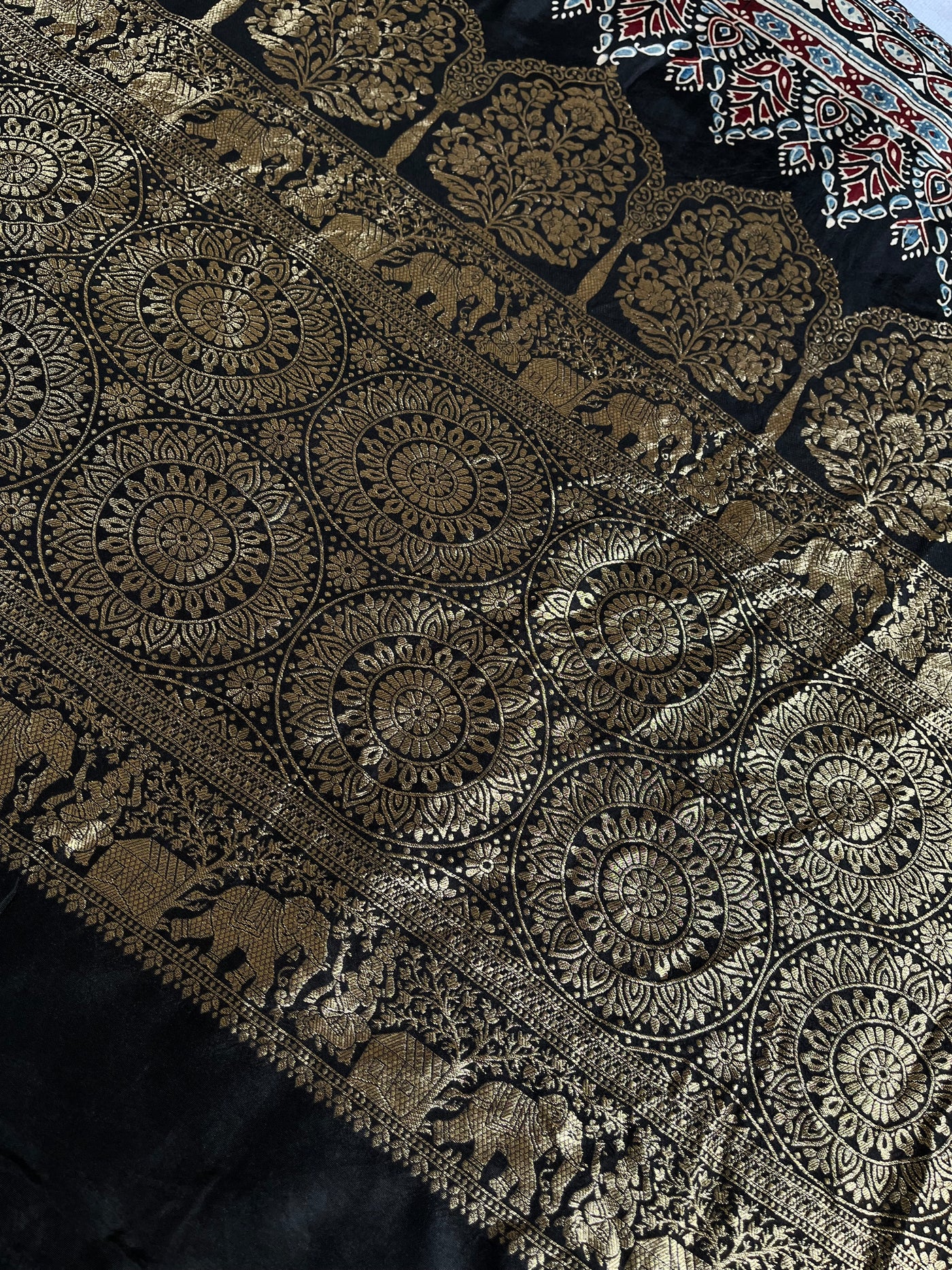 URVI: Handblock Ajrakh Dola Silk Saree with Meenakari Pallu