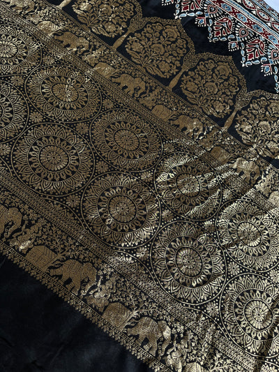 URVI: Handblock Ajrakh Dola Silk Saree with Meenakari Pallu
