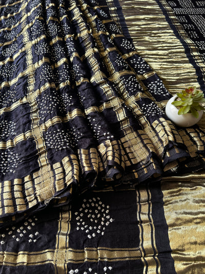 Siddhi:Black,Handmade Bandhani Pure Gajji Silk Gharchola Saree