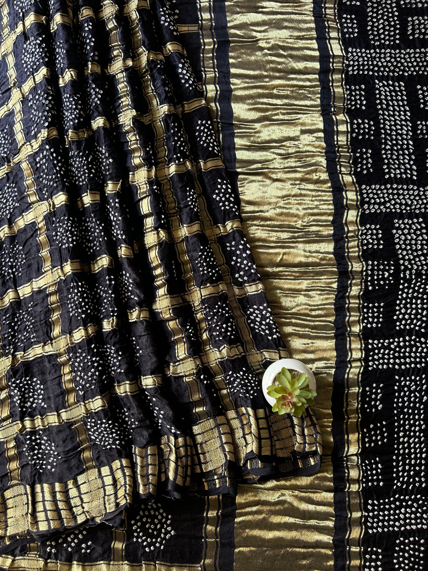 Siddhi:Black,Handmade Bandhani Pure Gajji Silk Gharchola Saree