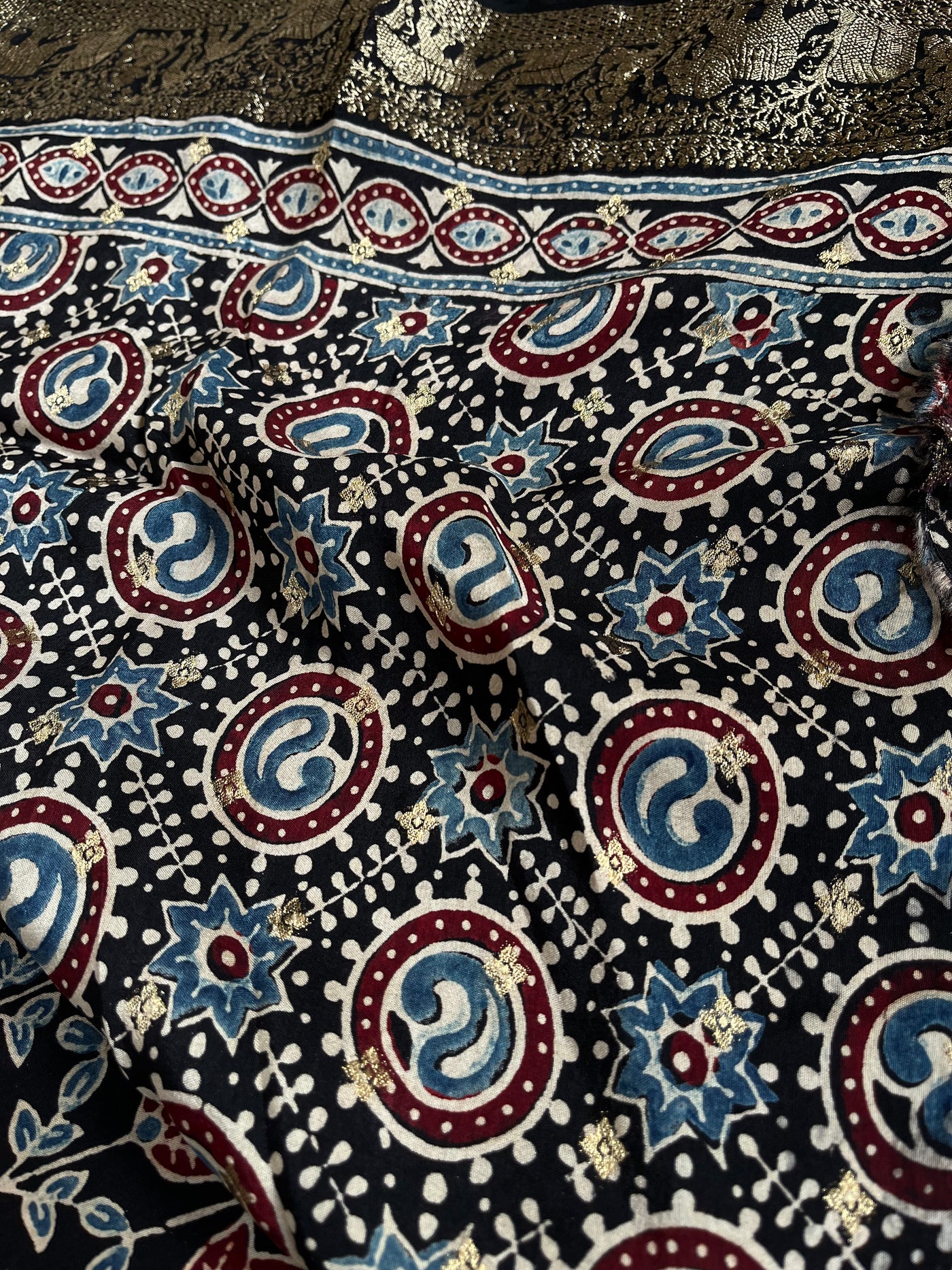 URVI: Handblock Ajrakh Dola Silk Saree with Meenakari Pallu