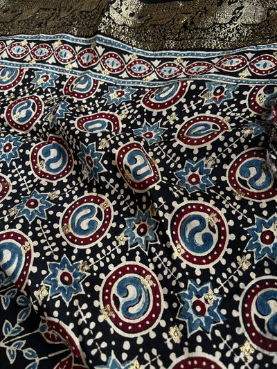 URVI: Handblock Ajrakh Dola Silk Saree with Meenakari Pallu