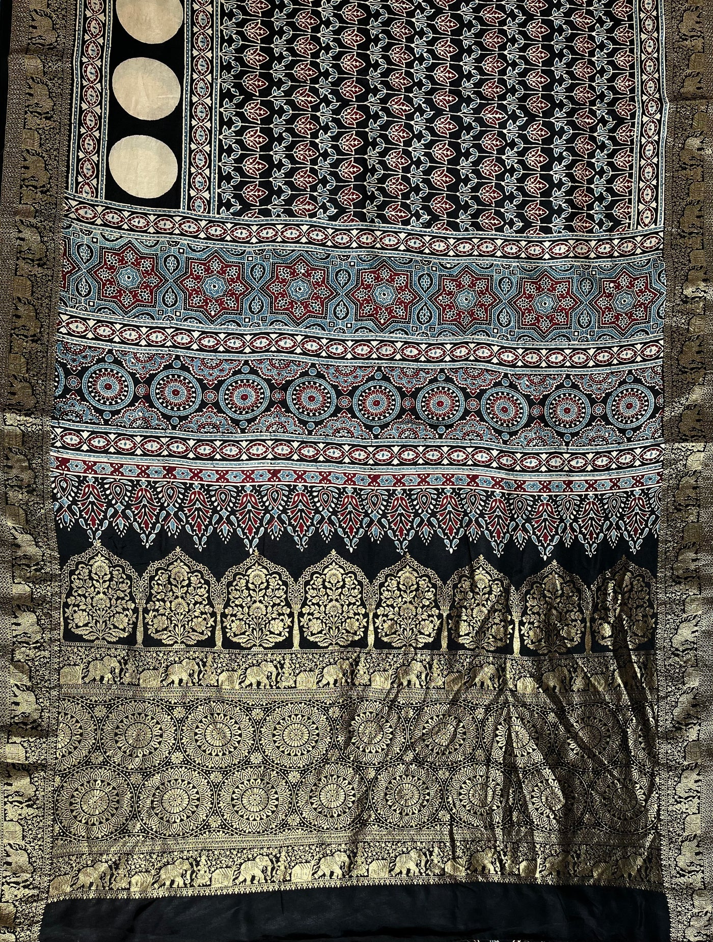 URVI: Handblock Ajrakh Dola Silk Saree with Meenakari Pallu