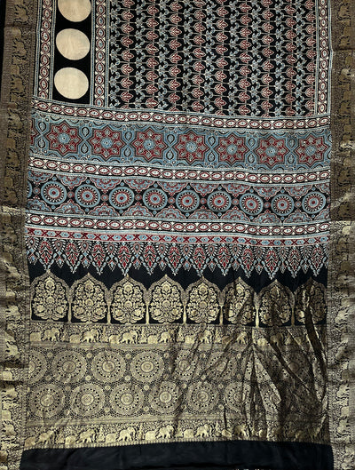 URVI: Handblock Ajrakh Dola Silk Saree with Meenakari Pallu