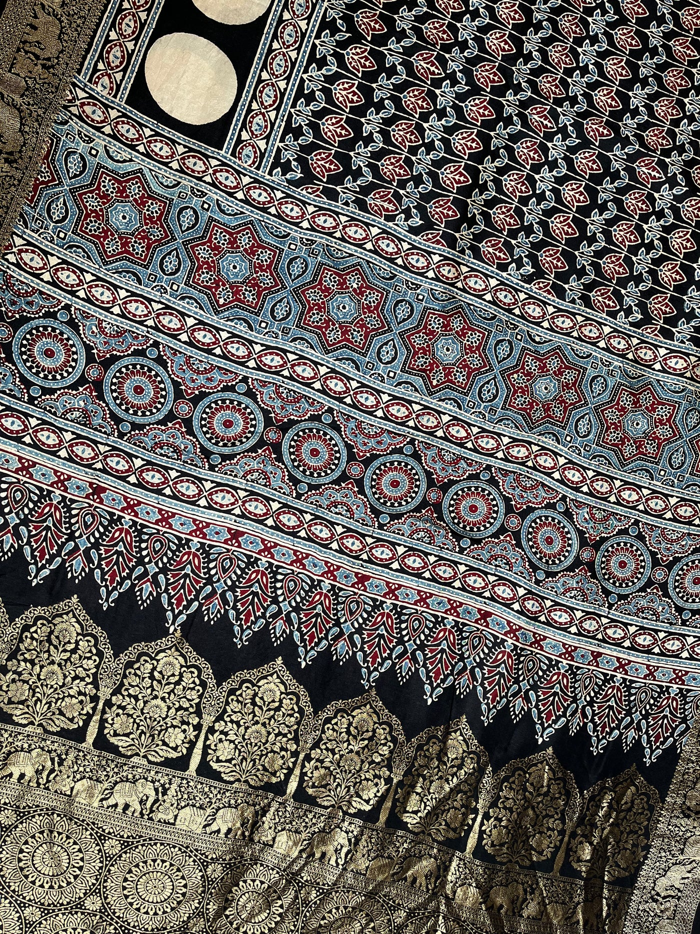 URVI: Handblock Ajrakh Dola Silk Saree with Meenakari Pallu