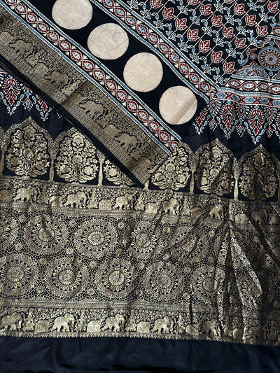 URVI: Handblock Ajrakh Dola Silk Saree with Meenakari Pallu