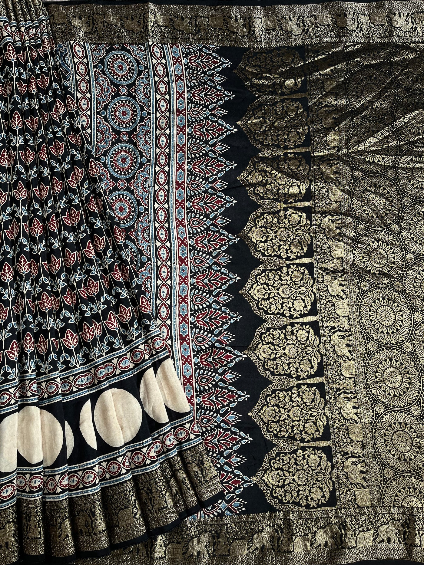 URVI: Handblock Ajrakh Dola Silk Saree with Meenakari Pallu