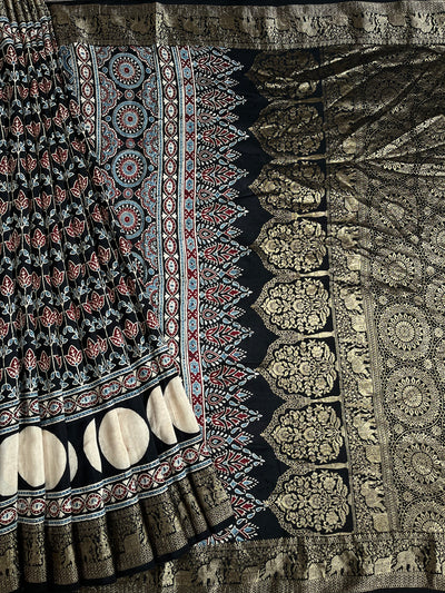 URVI: Handblock Ajrakh Dola Silk Saree with Meenakari Pallu