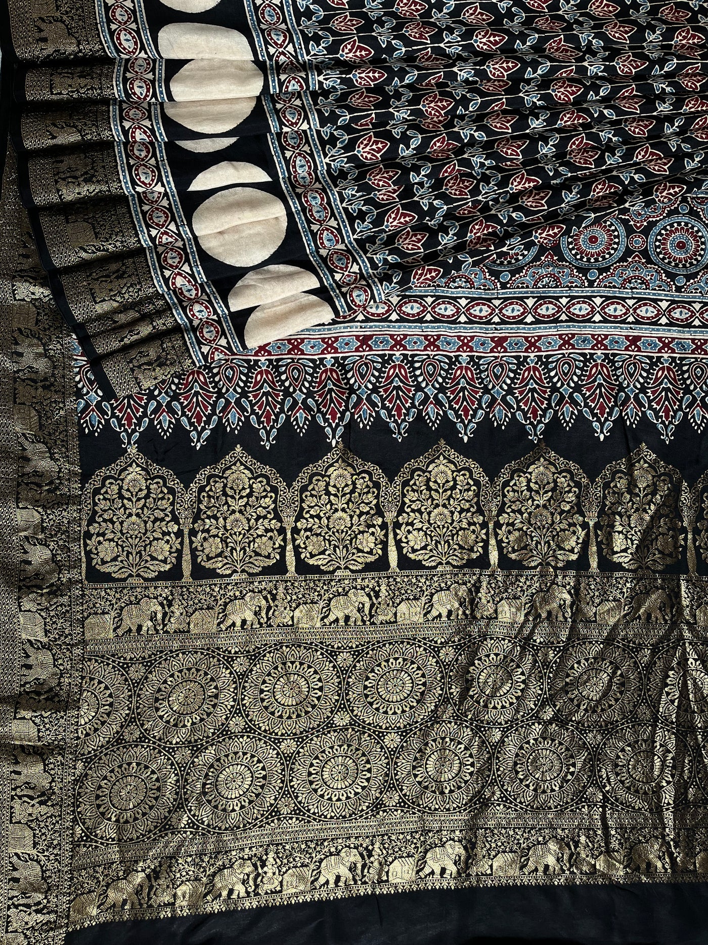 URVI: Handblock Ajrakh Dola Silk Saree with Meenakari Pallu
