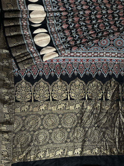 URVI: Handblock Ajrakh Dola Silk Saree with Meenakari Pallu