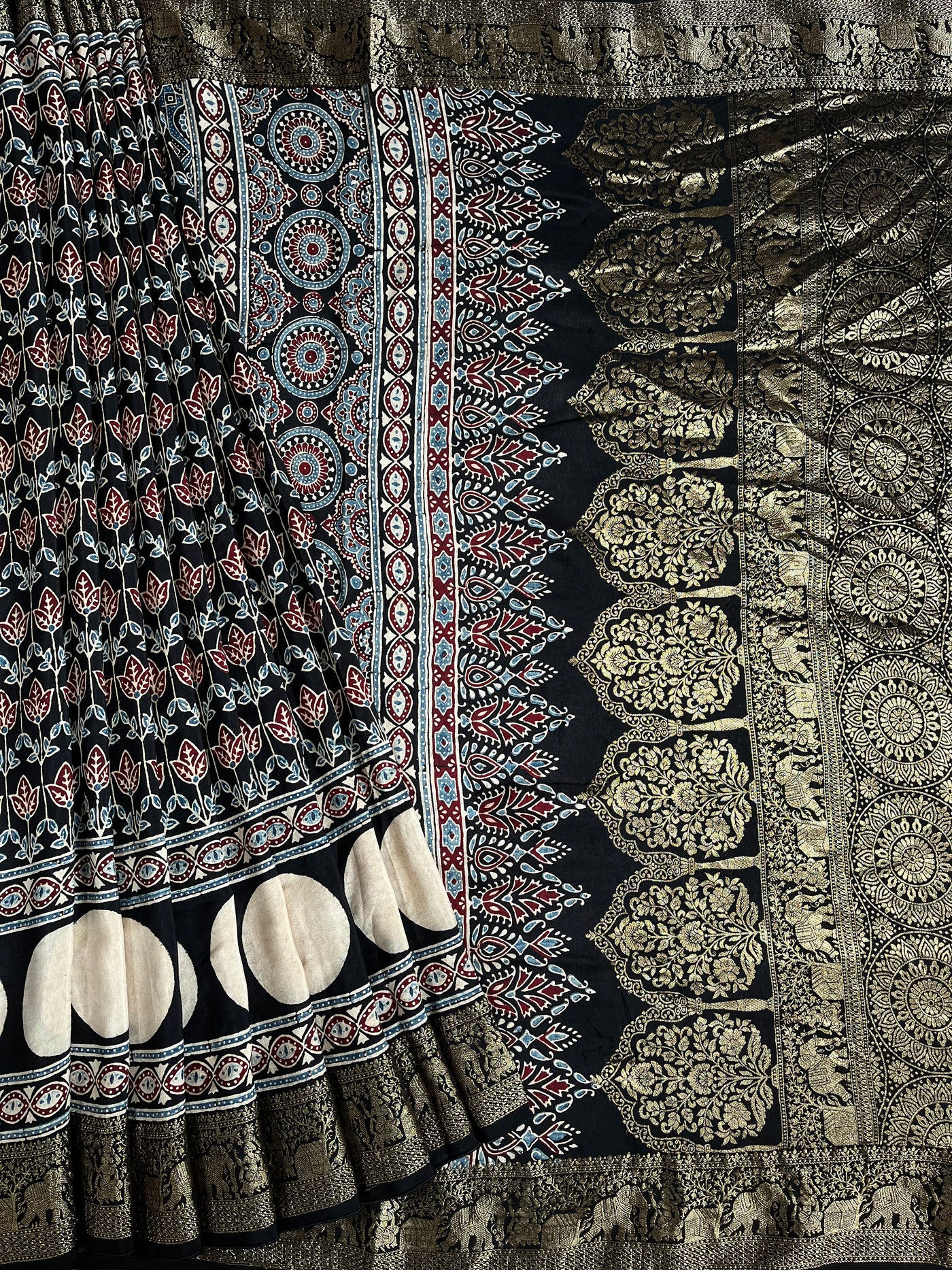 URVI: Handblock Ajrakh Dola Silk Saree with Meenakari Pallu