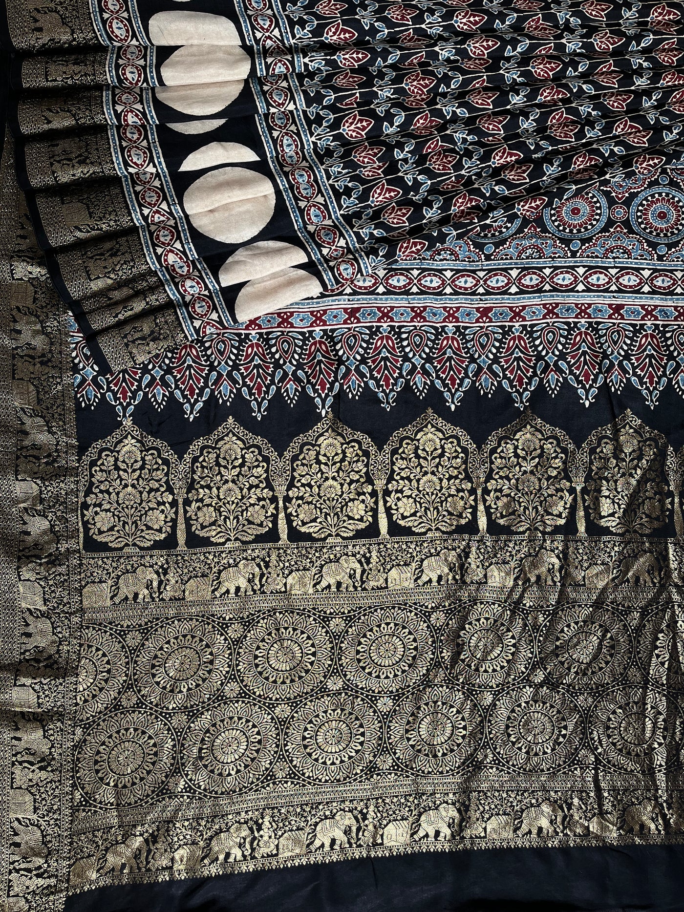 URVI: Handblock Ajrakh Dola Silk Saree with Meenakari Pallu