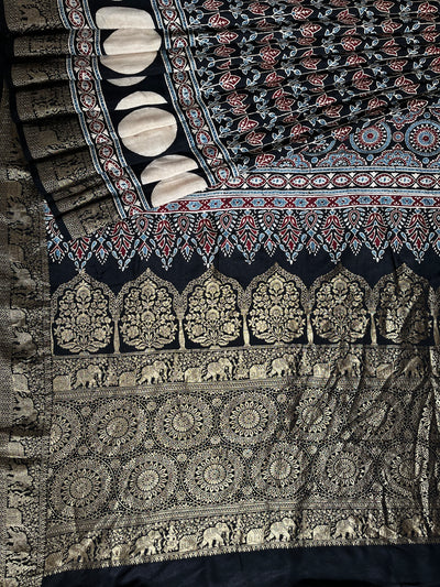 URVI: Handblock Ajrakh Dola Silk Saree with Meenakari Pallu