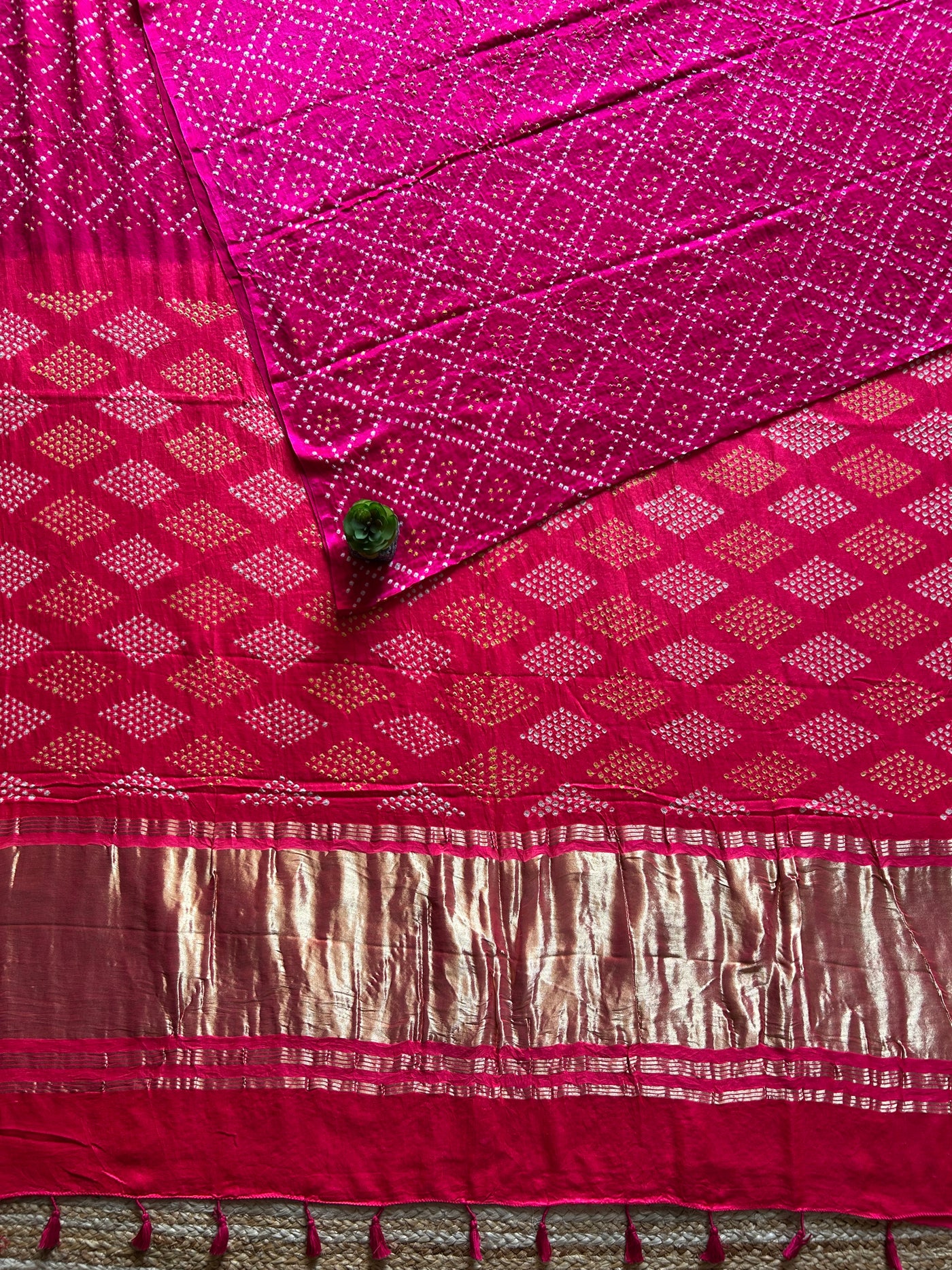 KAVYANJALI: HANDMADE PURE GAJJI SILK RAI DANA BANDHNI SAREE WITH TISSUE PALLU