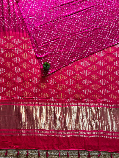 KAVYANJALI: HANDMADE PURE GAJJI SILK RAI DANA BANDHNI SAREE WITH TISSUE PALLU