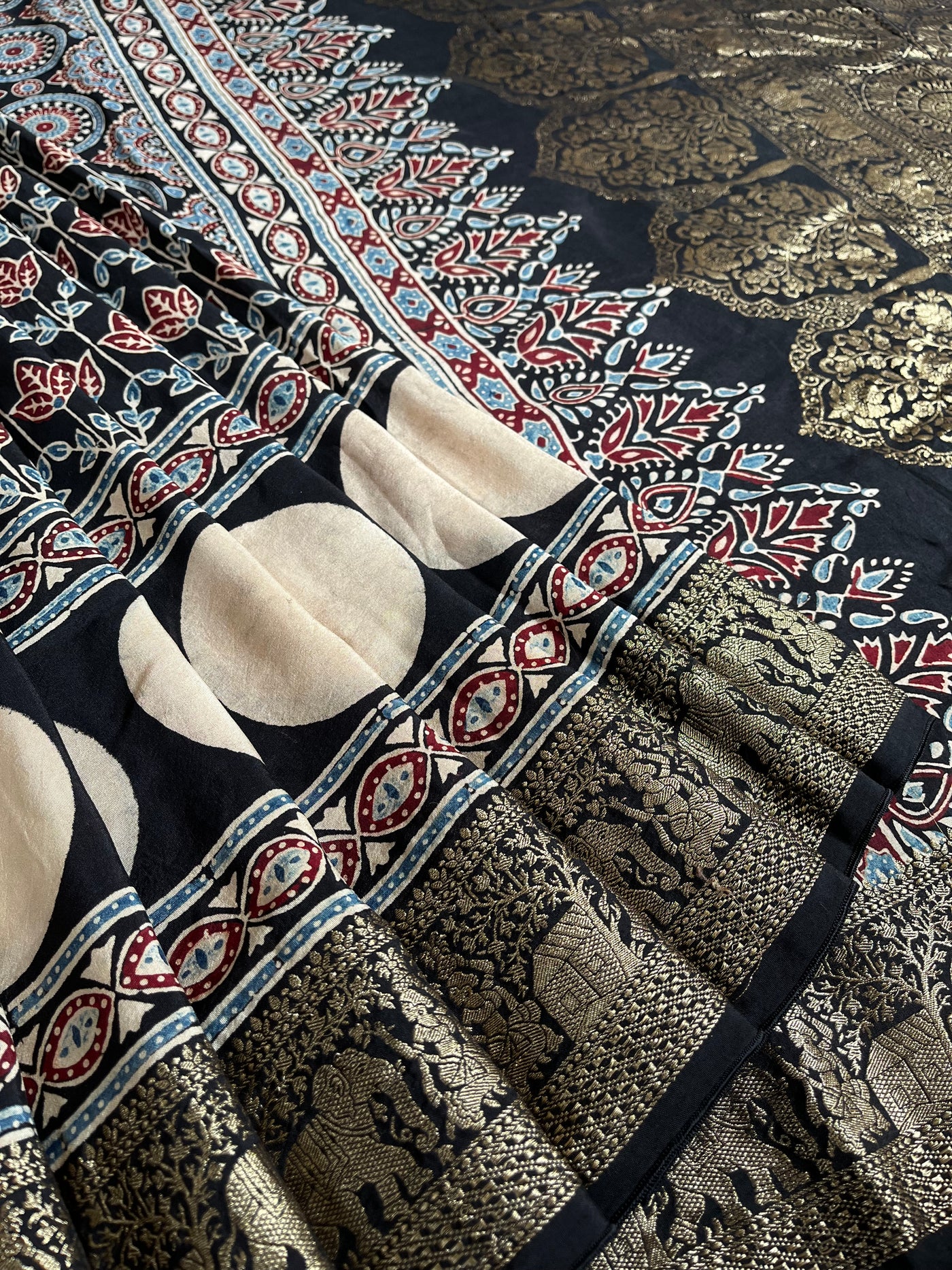 URVI: Handblock Ajrakh Dola Silk Saree with Meenakari Pallu