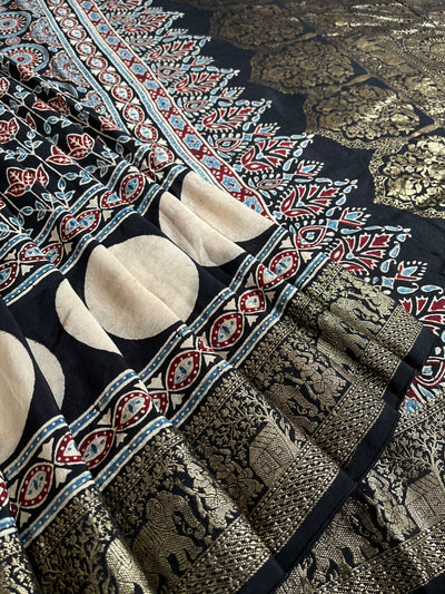 URVI: Handblock Ajrakh Dola Silk Saree with Meenakari Pallu