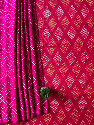 KAVYANJALI: HANDMADE PURE GAJJI SILK RAI DANA BANDHNI SAREE WITH TISSUE PALLU