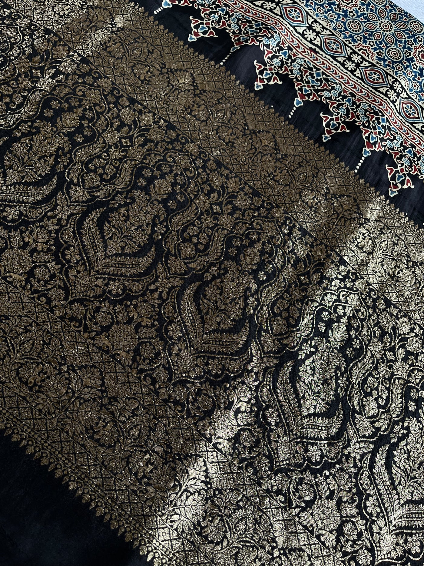 SANJANA: Handblock Ajrakh Dola Silk Saree with Meenakari Pallu