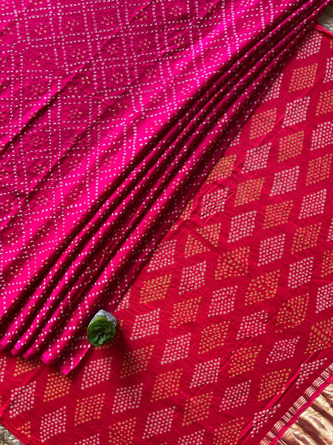 KAVYANJALI: HANDMADE PURE GAJJI SILK RAI DANA BANDHNI SAREE WITH TISSUE PALLU