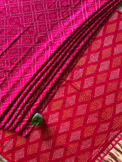 KAVYANJALI: HANDMADE PURE GAJJI SILK RAI DANA BANDHNI SAREE WITH TISSUE PALLU