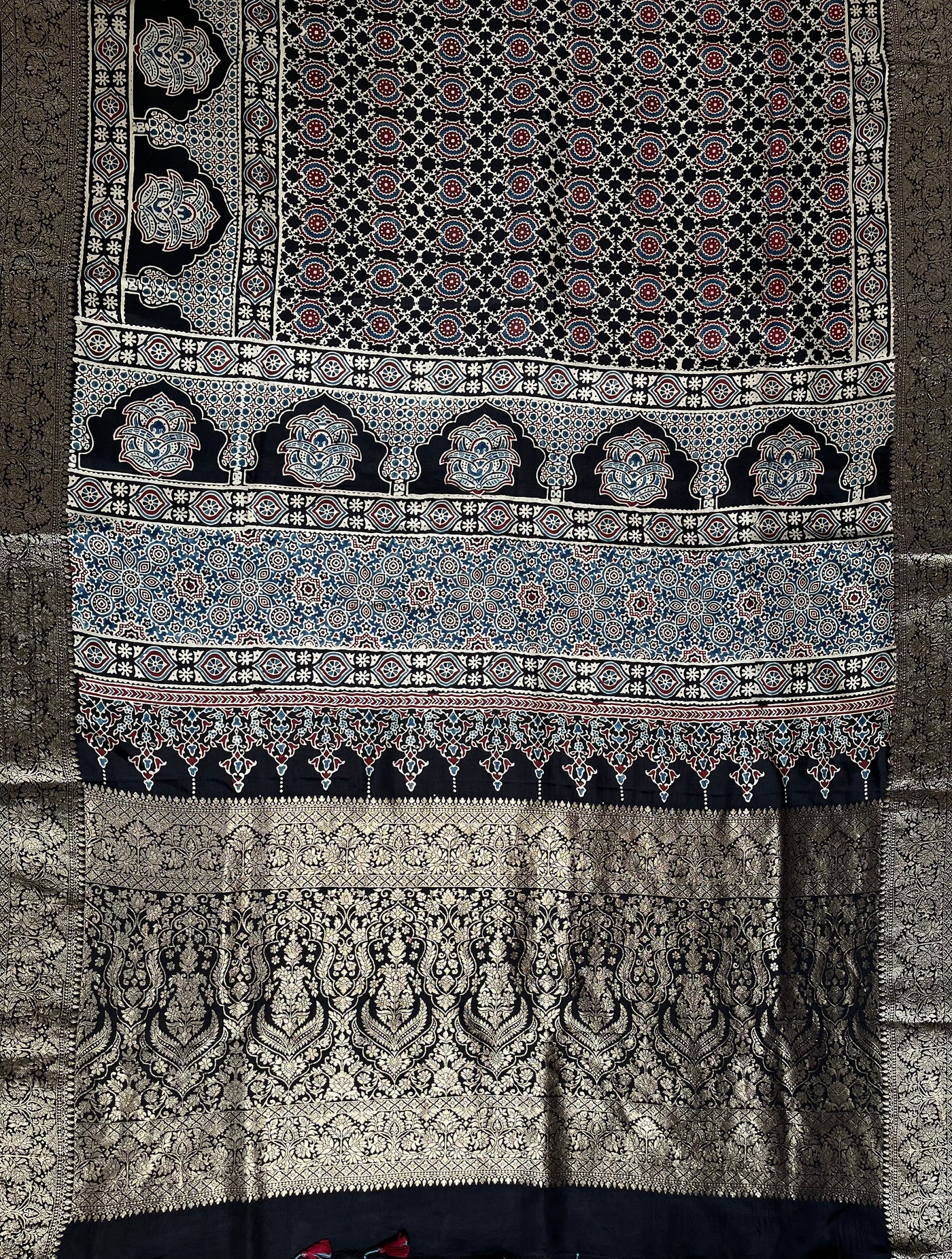 SANJANA: Handblock Ajrakh Dola Silk Saree with Meenakari Pallu