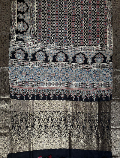 SANJANA: Handblock Ajrakh Dola Silk Saree with Meenakari Pallu