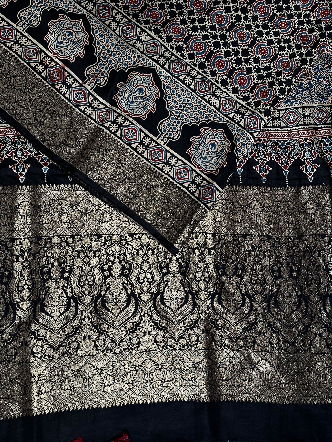 SANJANA: Handblock Ajrakh Dola Silk Saree with Meenakari Pallu