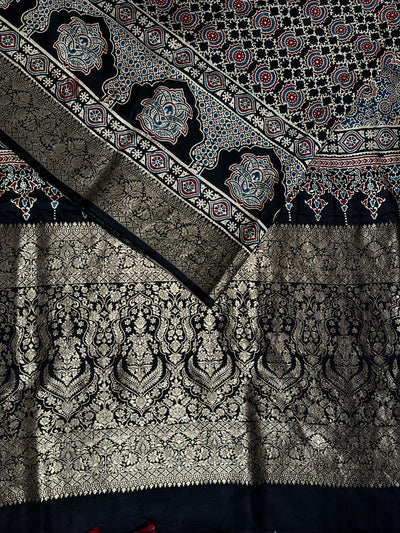SANJANA: Handblock Ajrakh Dola Silk Saree with Meenakari Pallu