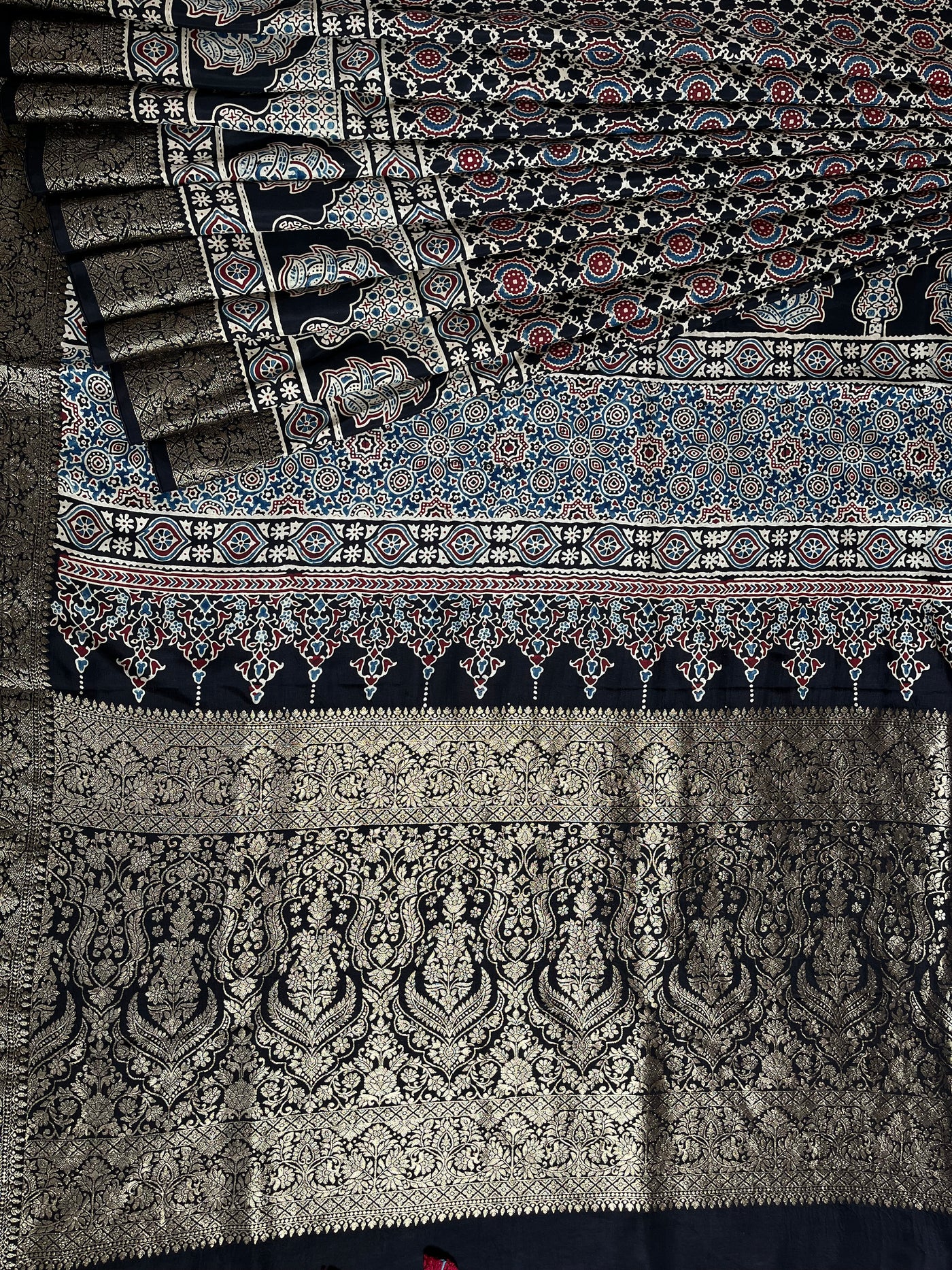 SANJANA: Handblock Ajrakh Dola Silk Saree with Meenakari Pallu