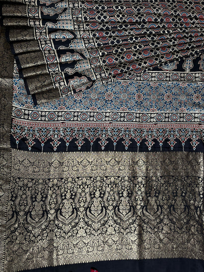 SANJANA: Handblock Ajrakh Dola Silk Saree with Meenakari Pallu