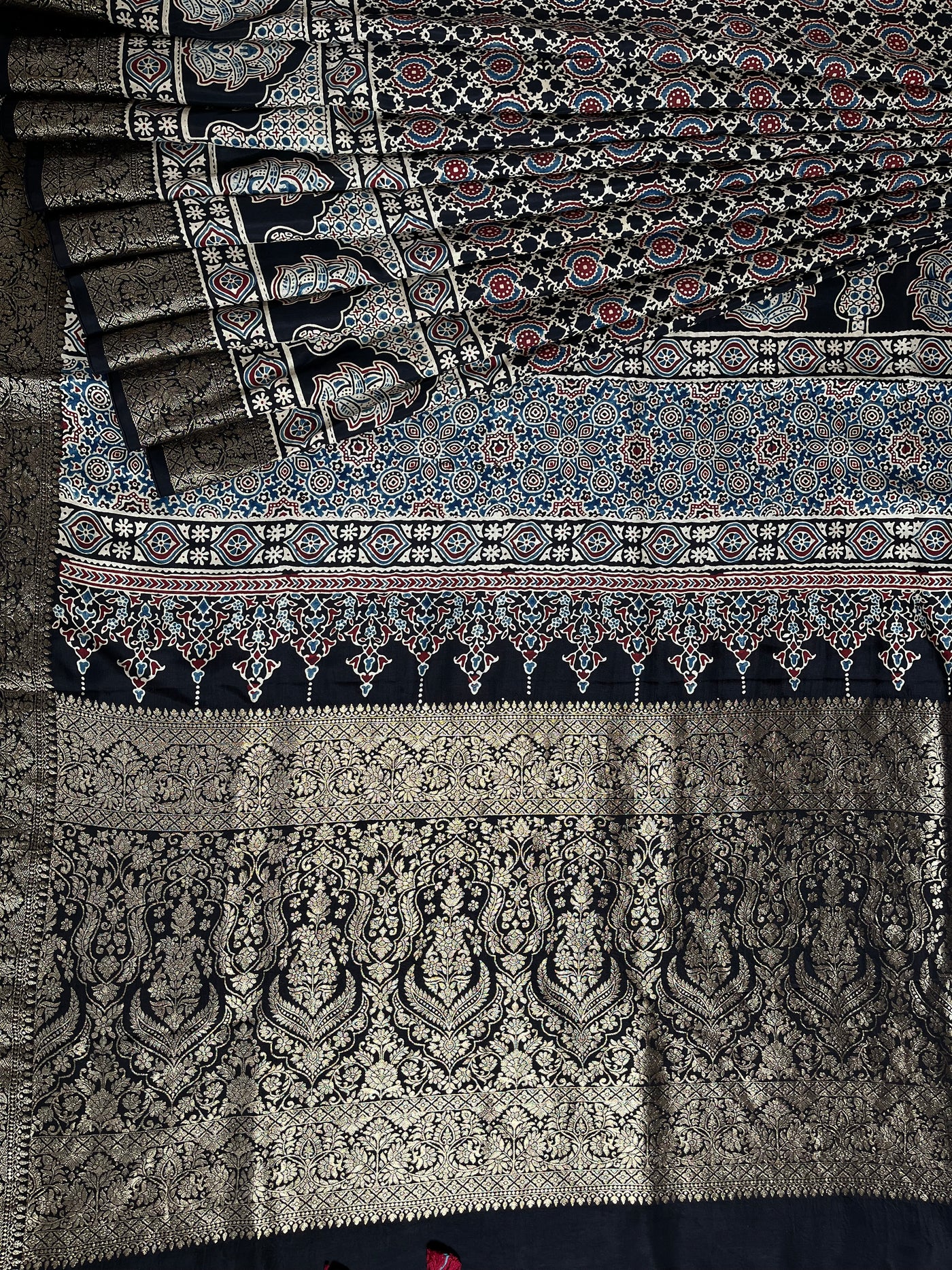 SANJANA: Handblock Ajrakh Dola Silk Saree with Meenakari Pallu