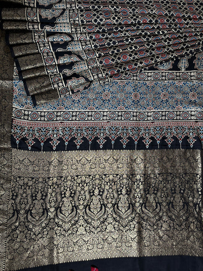 SANJANA: Handblock Ajrakh Dola Silk Saree with Meenakari Pallu