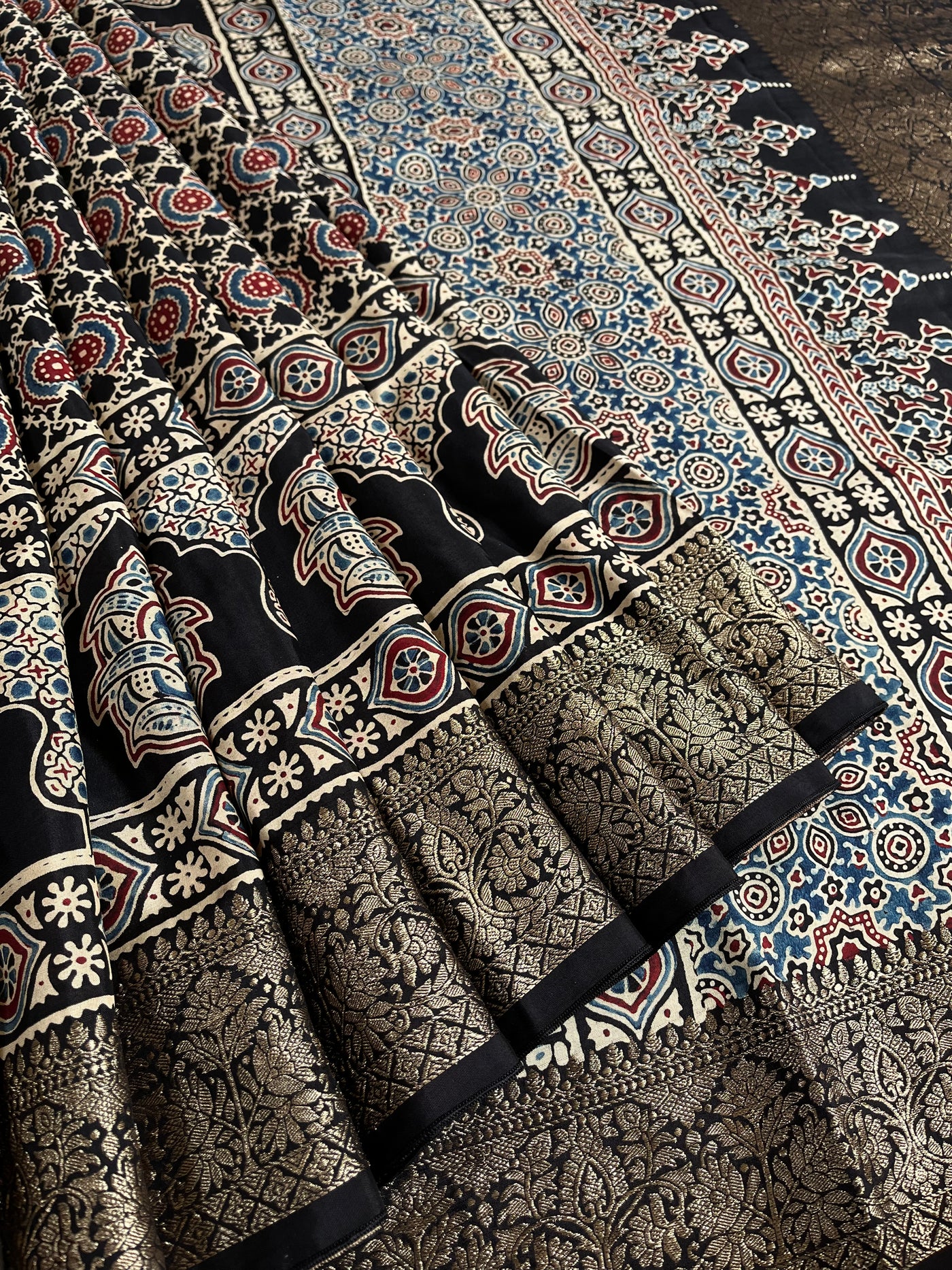 SANJANA: Handblock Ajrakh Dola Silk Saree with Meenakari Pallu