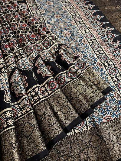 SANJANA: Handblock Ajrakh Dola Silk Saree with Meenakari Pallu