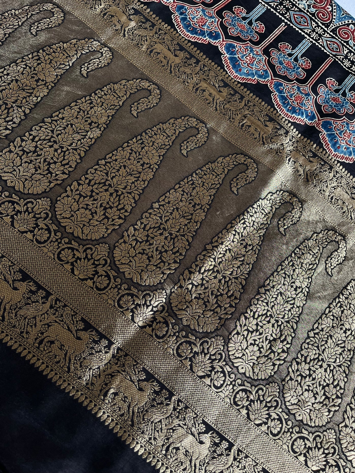 AMRITA: Handblock Ajrakh Dola Silk Saree with Meenakari Pallu