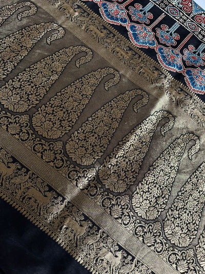 AMRITA: Handblock Ajrakh Dola Silk Saree with Meenakari Pallu