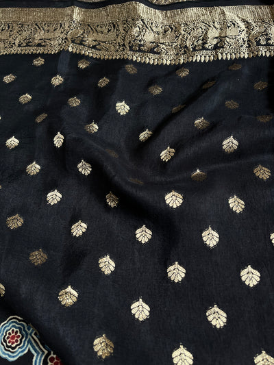 AMRITA: Handblock Ajrakh Dola Silk Saree with Meenakari Pallu